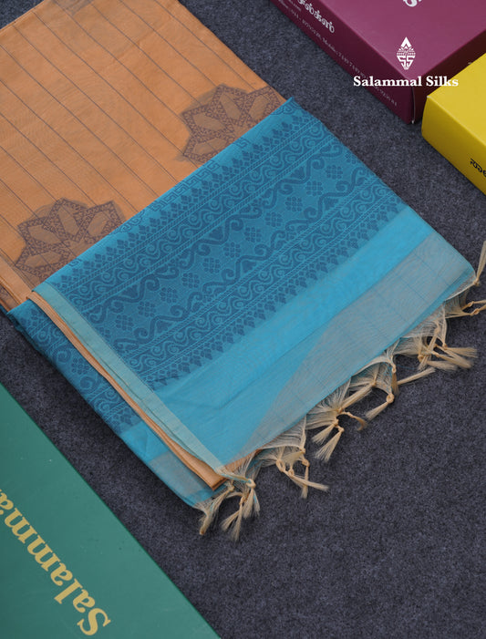 Peach Beautiful Fancy Kora Cotton Saree With Contrast Sky Blue Blouse