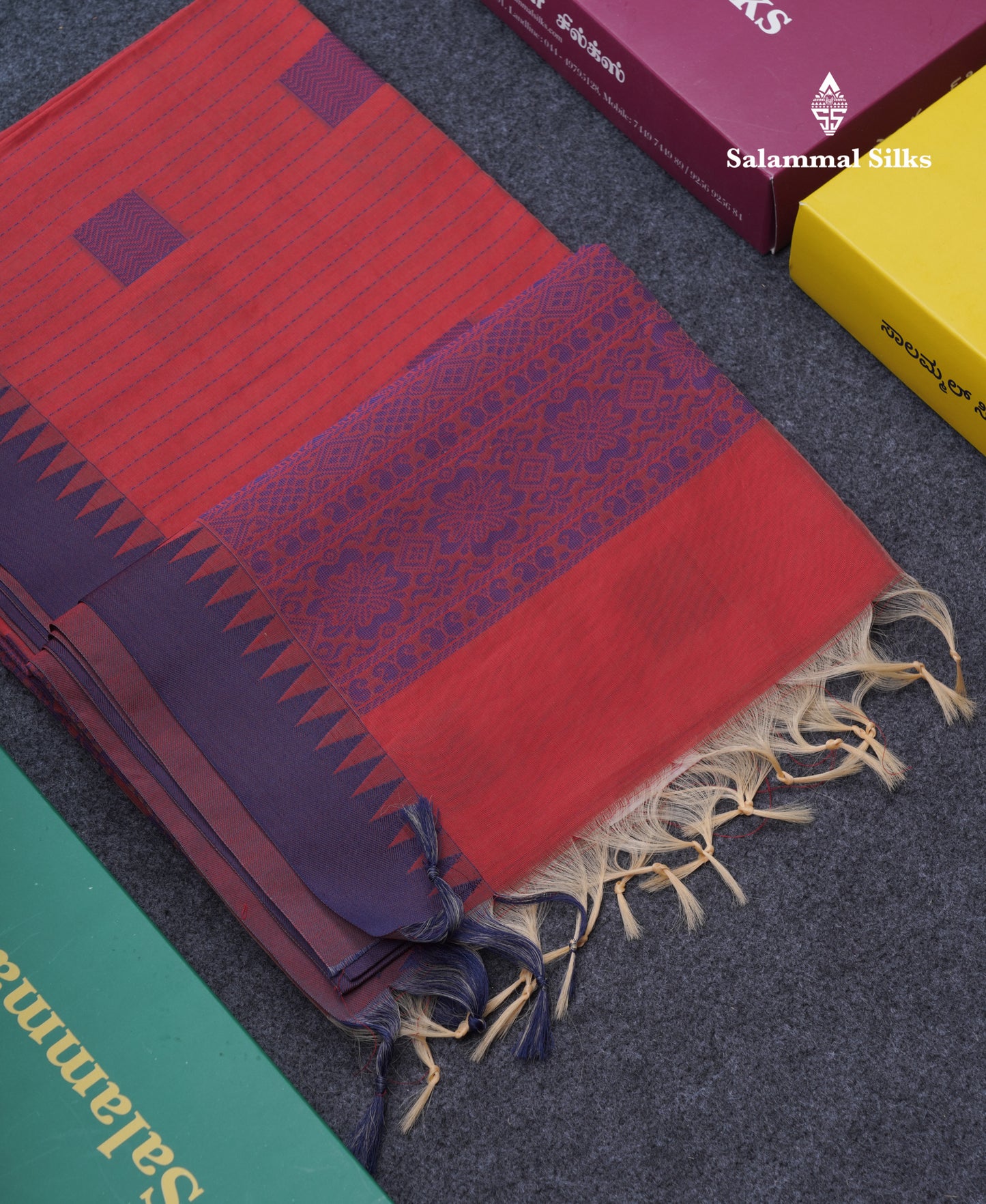 Tomato Red Beautiful Fancy Kora Cotton Saree With Contrast Violet Temple Small Border