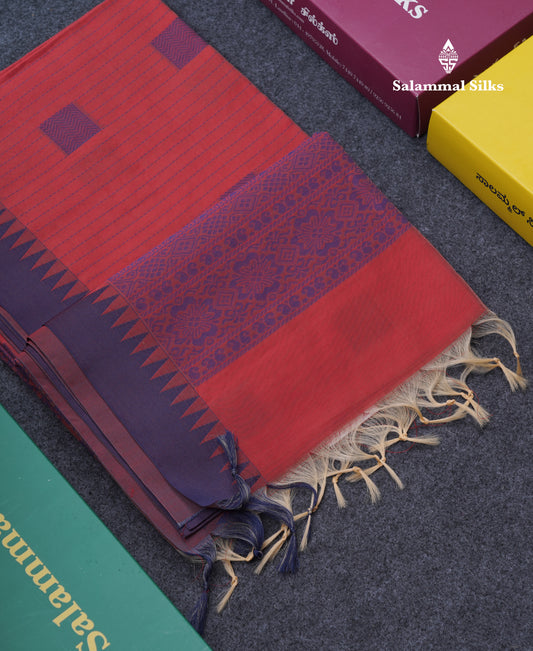 Tomato Red Beautiful Fancy Kora Cotton Saree With Contrast Violet Temple Small Border
