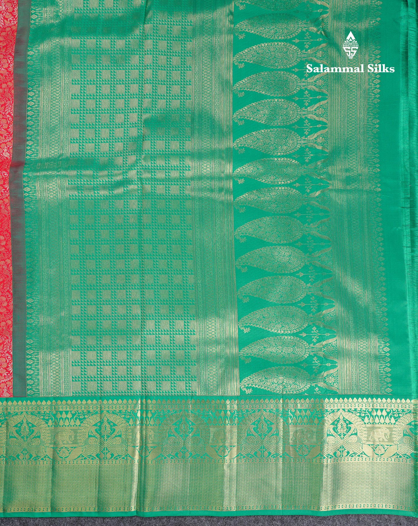 Beautiful Chilly Red Bridal Pure Kanjivaram Silk Saree With Contrast Sapphire Green Traditional Evening Morning Border