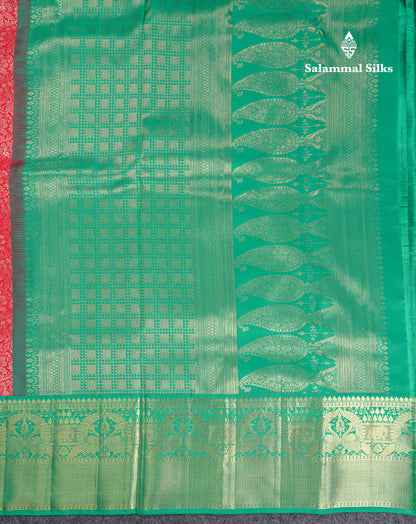 Beautiful Chilly Red Bridal Pure Kanjivaram Silk Saree With Contrast Sapphire Green Traditional Evening Morning Border