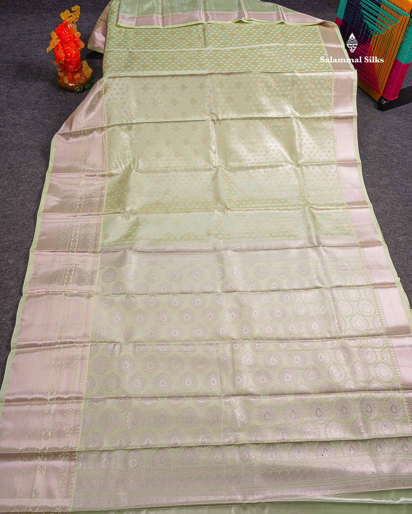 Beautiful Light Elaichi Green Semi Silk Saree With Traditional Evening Morning Border