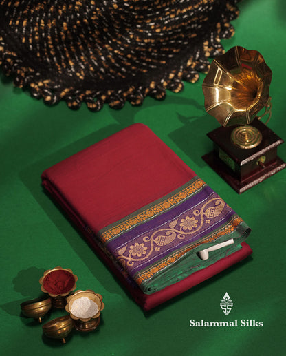 Beautiful Magenta Plain Chettinad Pure Cotton Saree With Violet Traditional Border