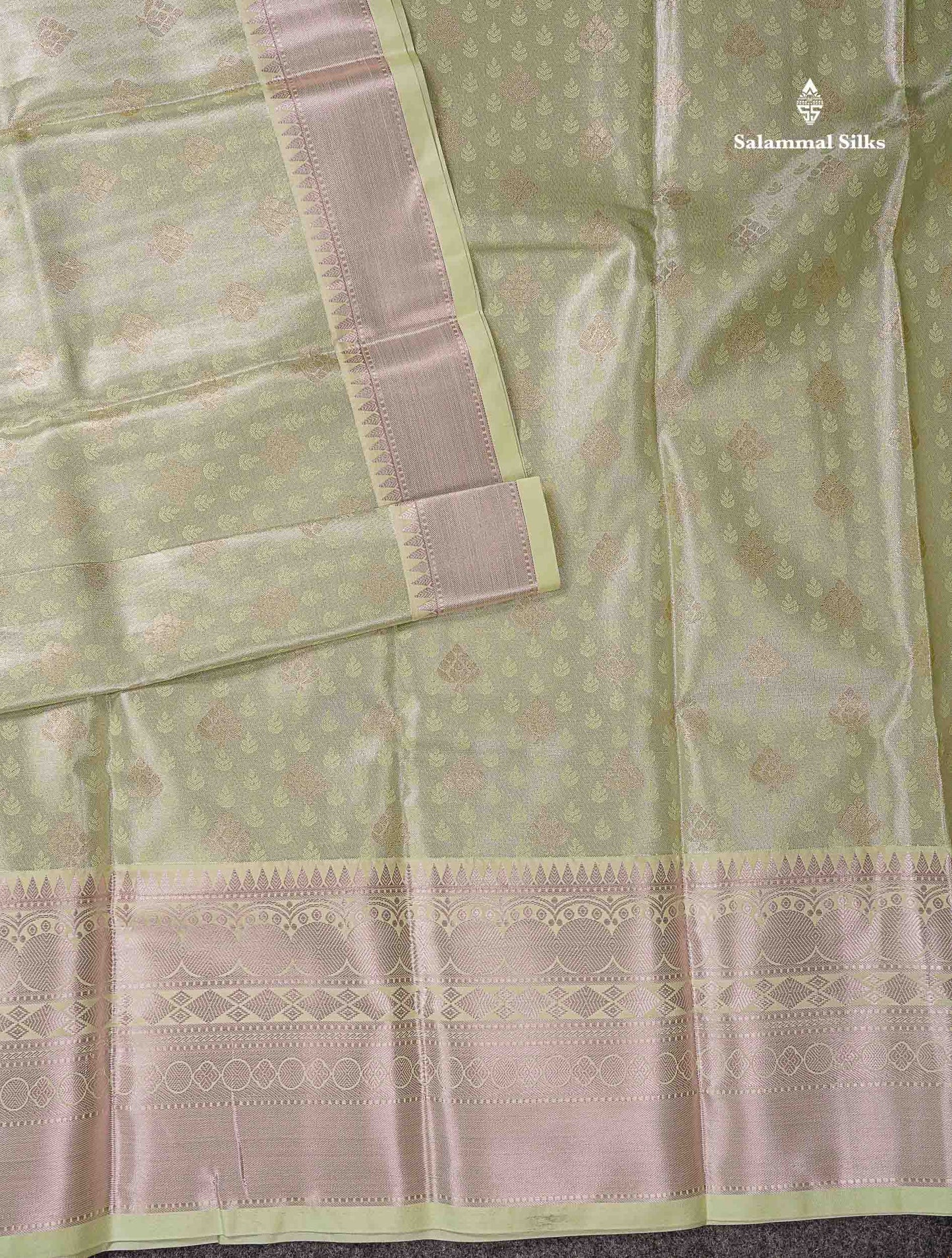 Beautiful Light Elaichi Green Semi Silk Saree With Traditional Evening Morning Border