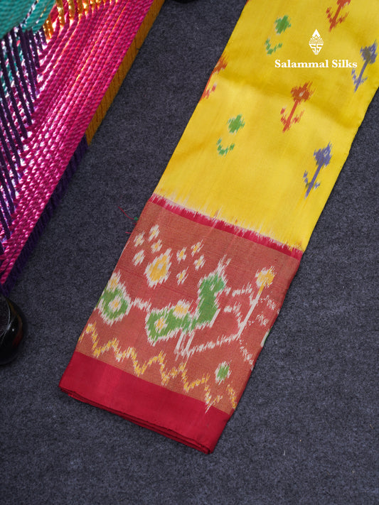 Pure Silk Pattu Pavadai Pochampalli Design (Lemon Yellow) With Contrast Chilly Red Blouse 22"