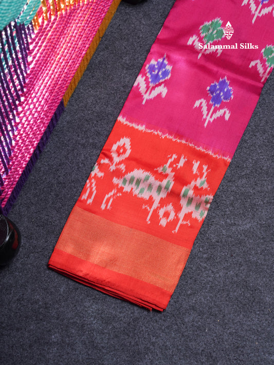 Pure Silk Pattu Pavadai Pochampalli Design (Pink) With Contrast Orange Blouse 22"