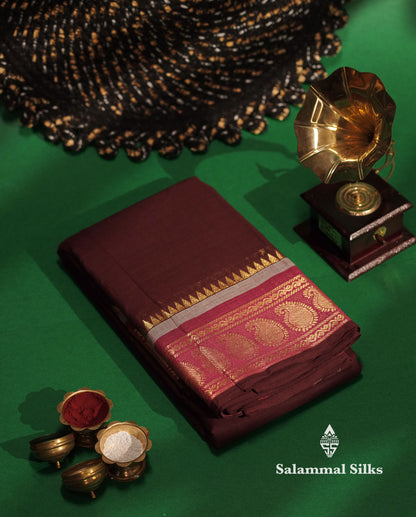 Beautiful Dark Brown  Chettinad Plain Pure Cotton Saree With Traditional Magenta Border