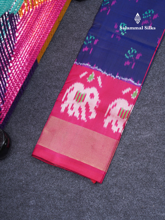 Pure Silk Pattu Pavadai Pochampalli Design (Navy Blue) With Contrast Pink Blouse 22"