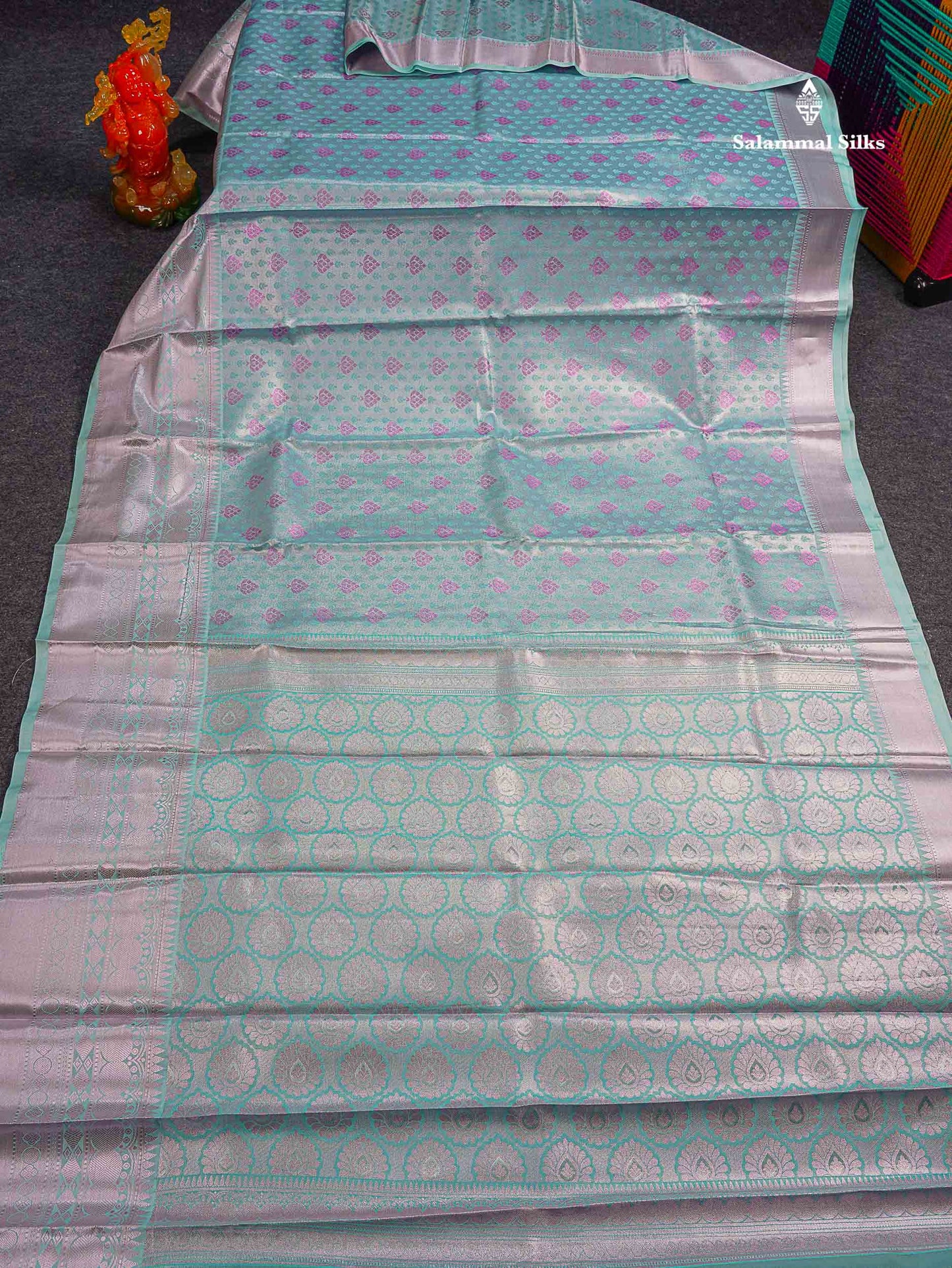 Beautiful Ice Blue Semi Silk Saree With Traditional Evening Morning Border