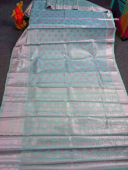 Beautiful Ice Blue Semi Silk Saree With Traditional Evening Morning Border