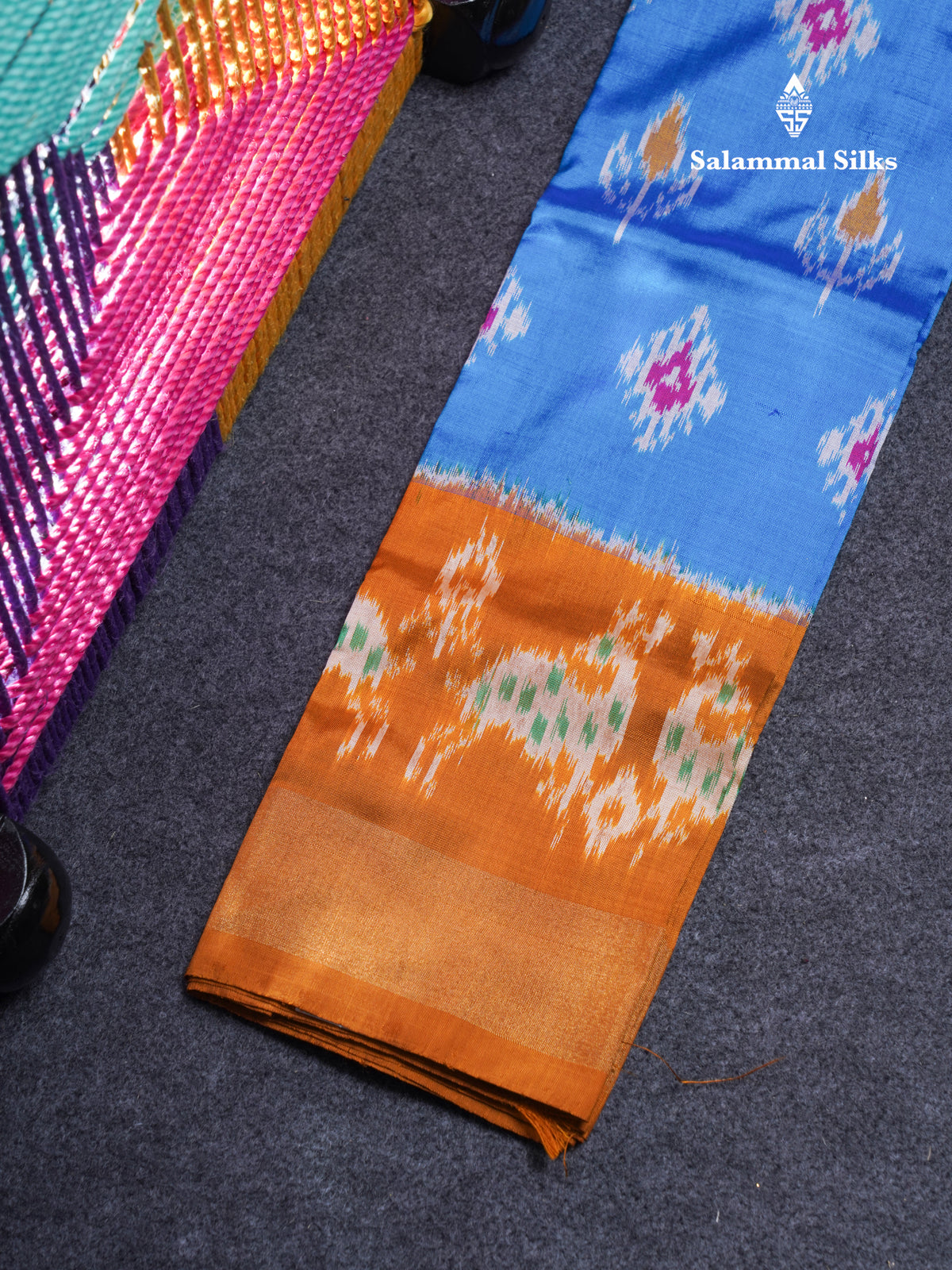 Pure Silk Pattu Pavadai Pochampalli Design (Blue) With Contrast Mustard Yellow Blouse 22"
