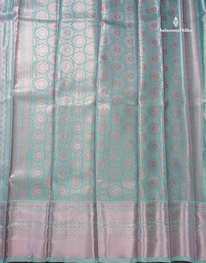 Beautiful Ice Blue Semi Silk Saree With Traditional Evening Morning Border