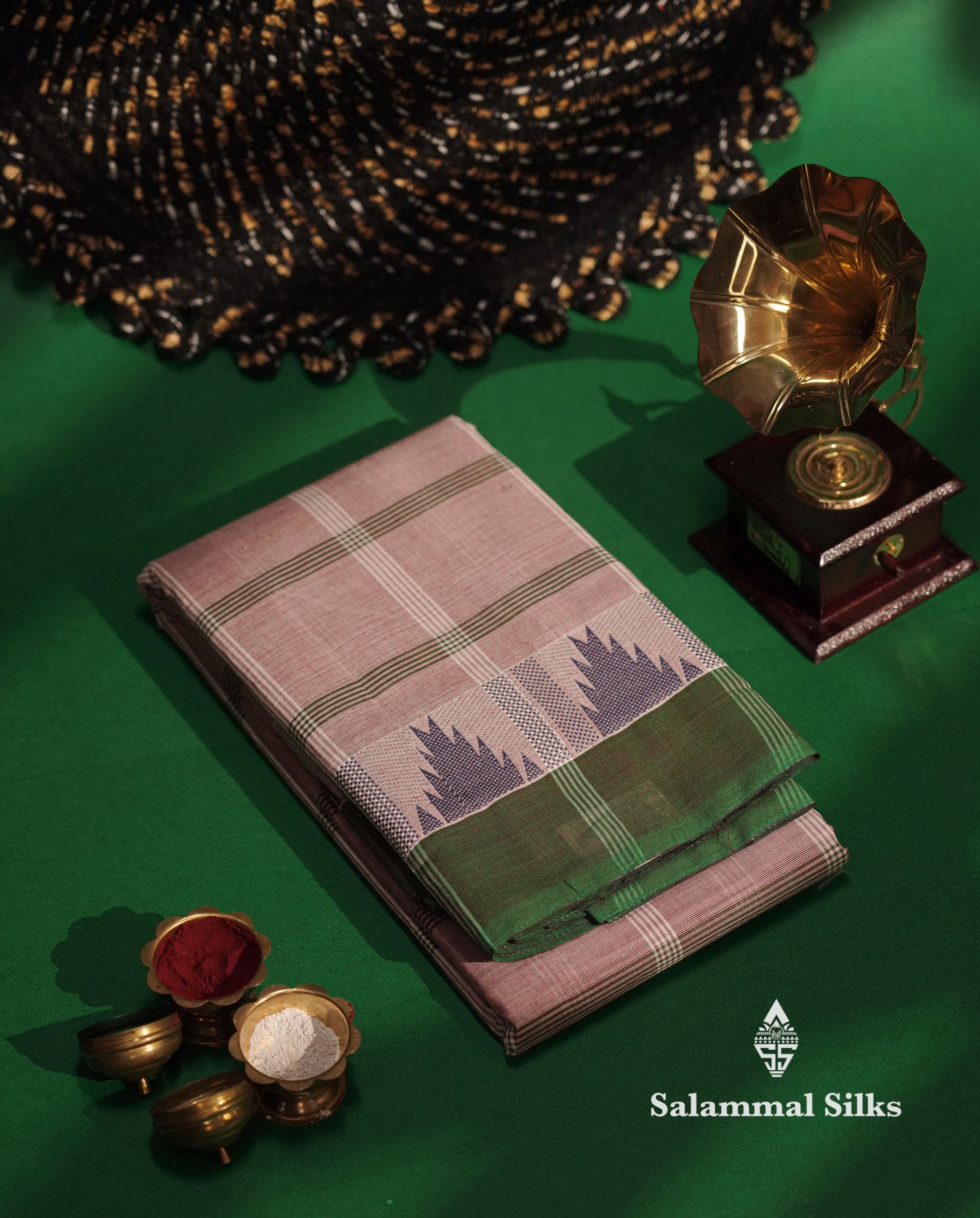 Beautiful Mustard Yellow Thread Checks  Pure Chettinad Cotton Saree With Navy Blue Traditional Temple Border