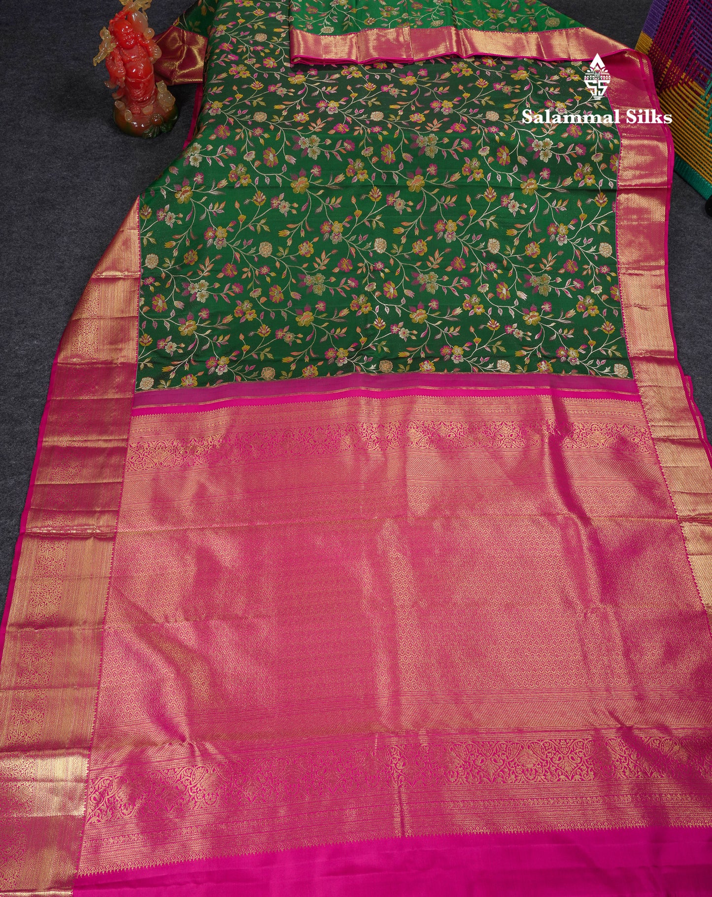 Beautiful Bottle Green Bridal Pure Kanjivaram Silk Saree With Contrast Pink Traditional Border