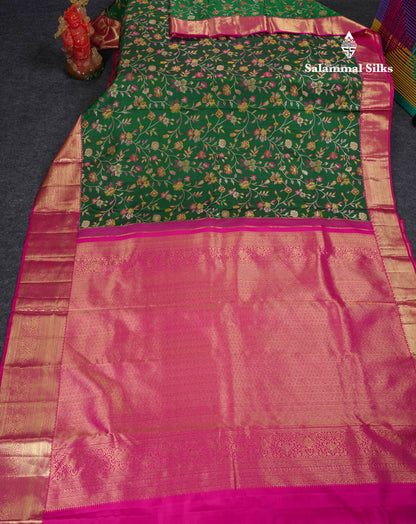 Beautiful Bottle Green Bridal Pure Kanjivaram Silk Saree With Contrast Pink Traditional Border