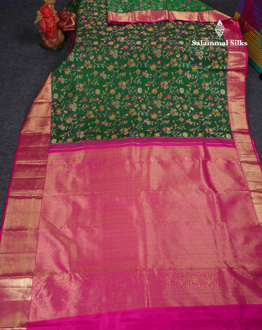 Beautiful Bottle Green Bridal Pure Kanjivaram Silk Saree With Contrast Pink Traditional Border