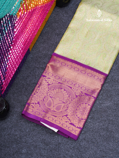 Beautiful Pure Silk Pattu Pavadai Tissue (Light Parrot Green) With Violet Blouse 27"
