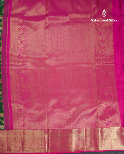 Beautiful Bottle Green Bridal Pure Kanjivaram Silk Saree With Contrast Pink Traditional Border