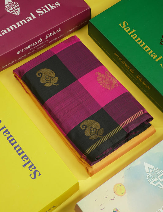 Beautiful Yellow Pure Kanjivaram Silk Saree With Traditional Temple Paalum Pazham Checks Border