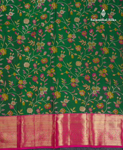 Beautiful Bottle Green Bridal Pure Kanjivaram Silk Saree With Contrast Pink Traditional Border