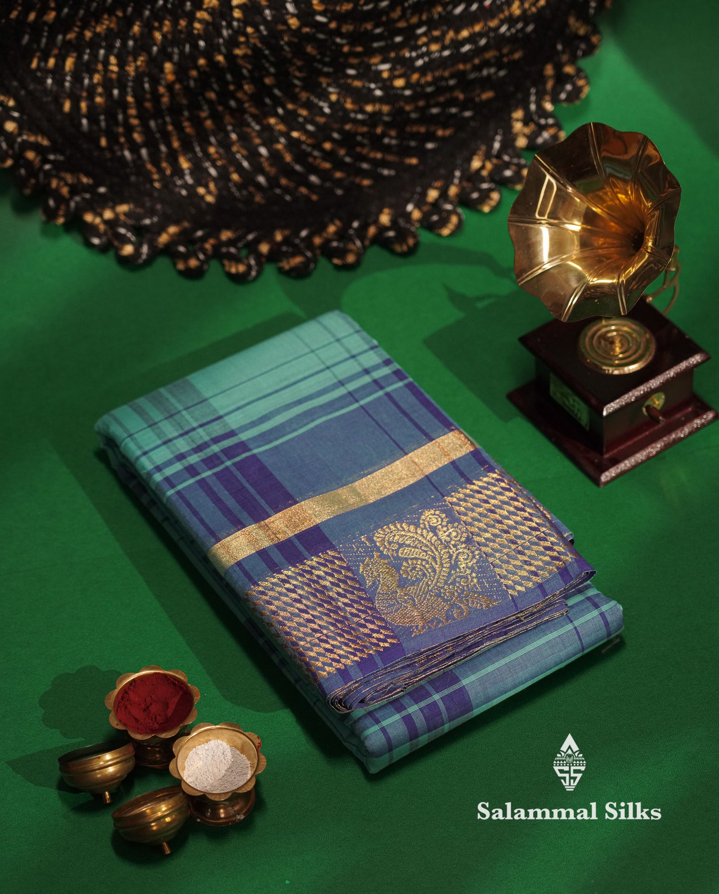 Beautiful Black And White Checks Pure Chettinad Pure Cotton Saree With Traditional Gold Zari Border