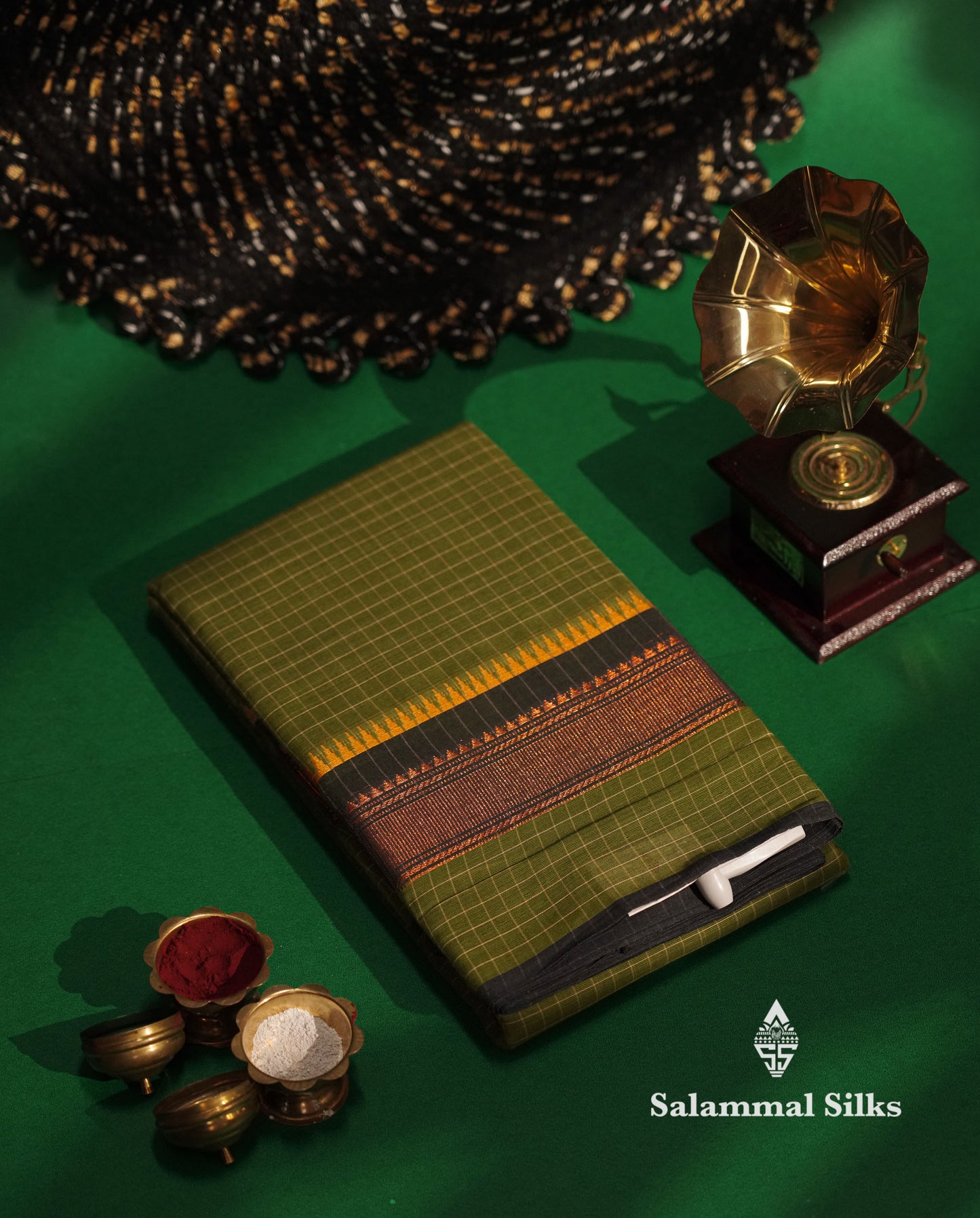 Navy Blue Thread Checks Beautiful Chettinad Cotton Saree With Temple & Zari Border