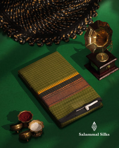 Navy Blue Thread Checks Beautiful Chettinad Cotton Saree With Temple & Zari Border