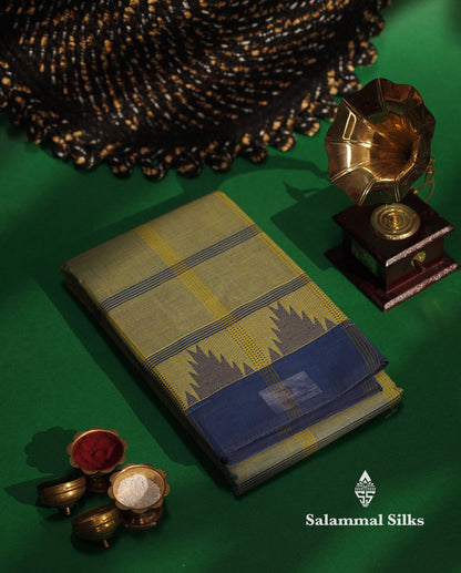 Beautiful Mustard Yellow Thread Checks  Pure Chettinad Cotton Saree With Navy Blue Traditional Temple Border