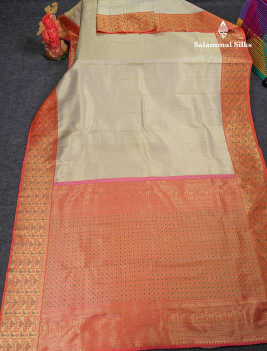 Beautiful Half White Bridal Pure Kanjivaram Silk Saree With Contrast Pinkish Orange Paithani Border