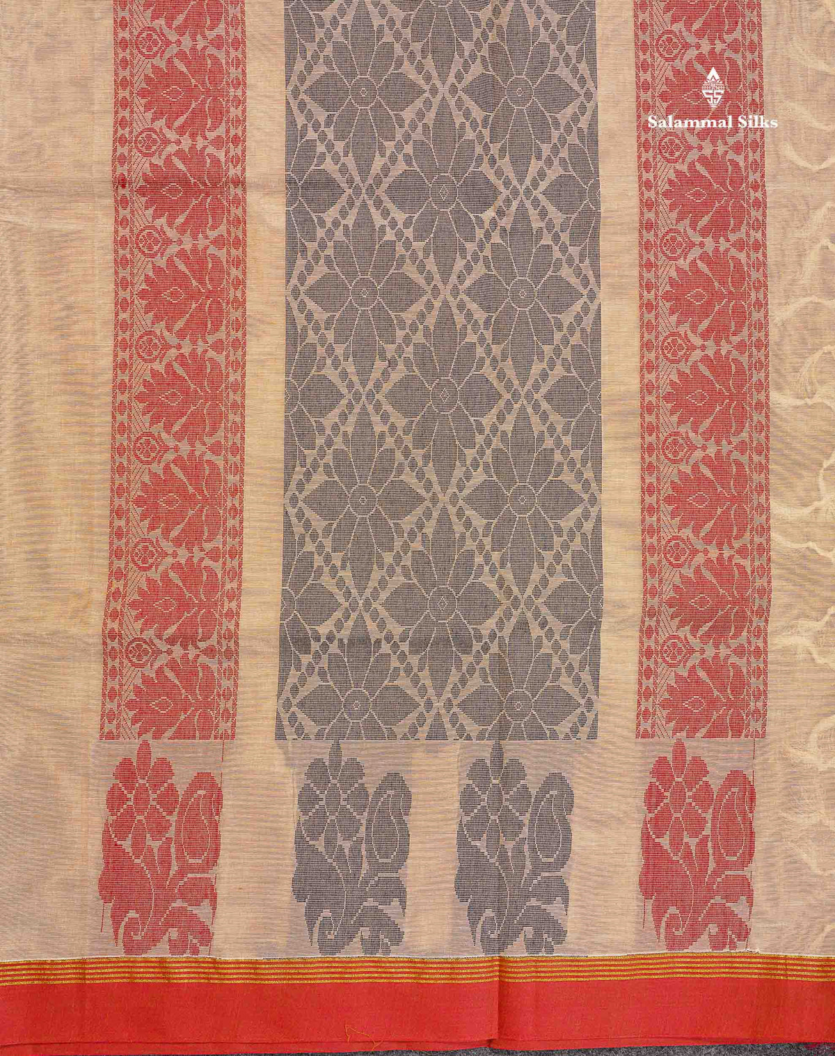 Pure Cotton Saree - Beige Colour Body Thread Work Butta With Traditional Temple Border