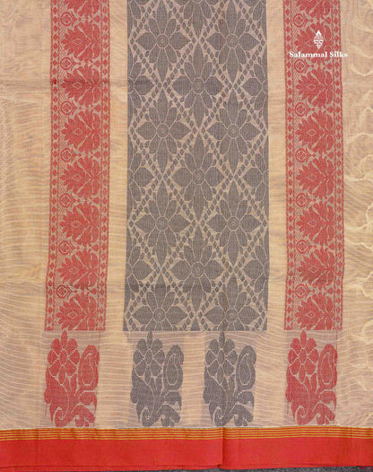 Pure Cotton Saree - Beige Colour Body Thread Work Butta With Traditional Temple Border