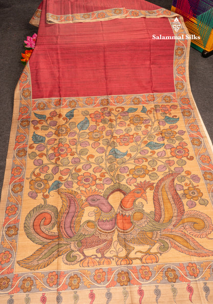 Maroon Colour Semi Tussar Fancy Saree With Contrast Sandal Border