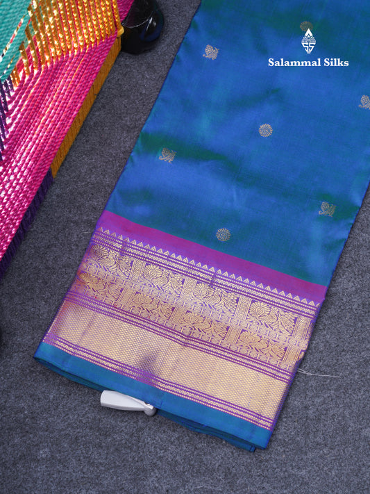 Pure Silk Pure Zari Pattu Pavadai (Dual Tone Peacock Blue) With Contrast Vadamalli Traditional Border