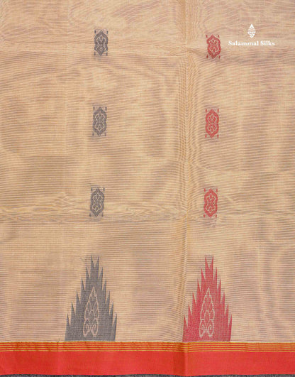 Pure Cotton Saree - Beige Colour Body Thread Work Butta With Traditional Temple Border