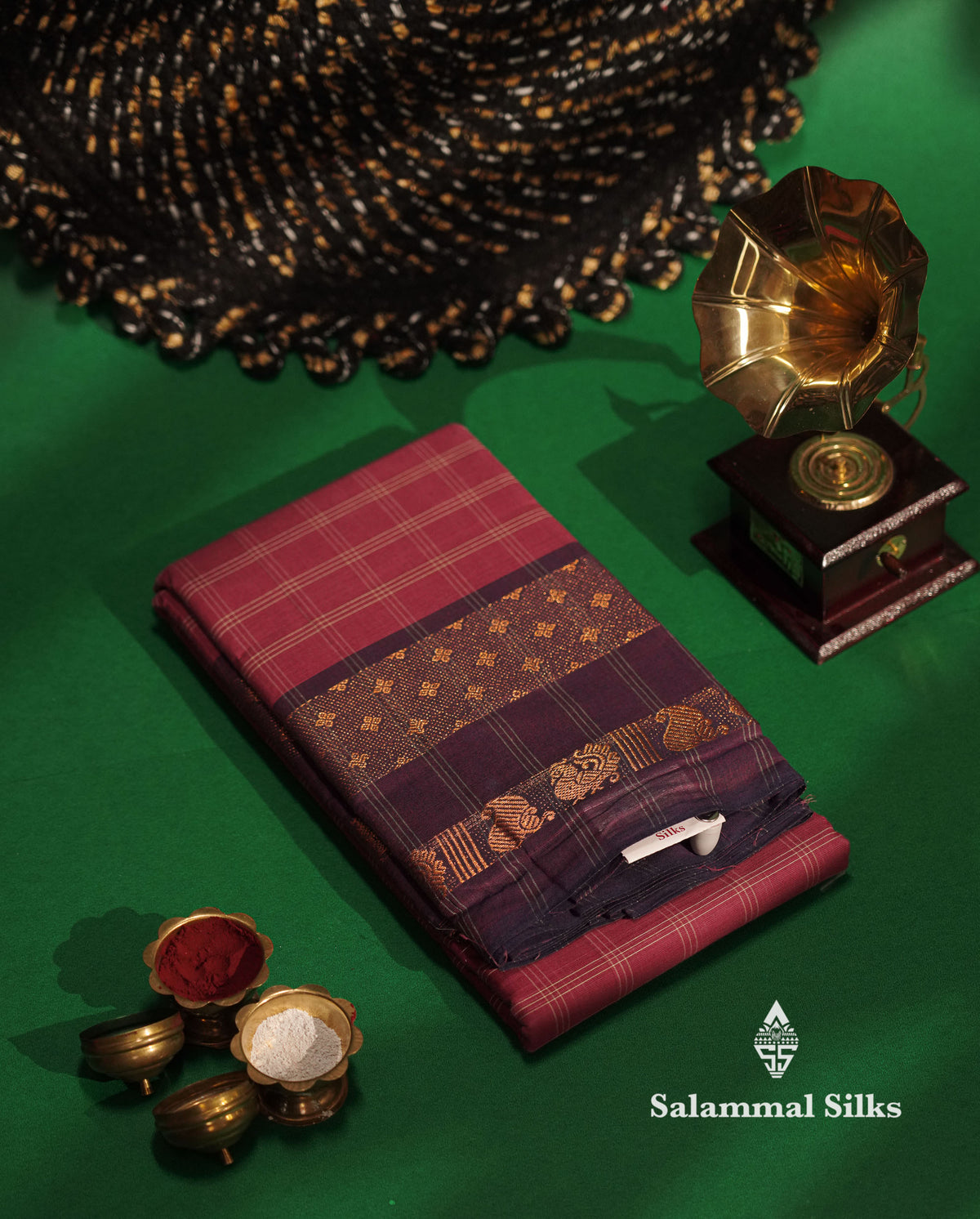 Beautiful Dual Tone Pink Thread Checks Pure Chetinad Cotton Saree With Violet Traditional Border