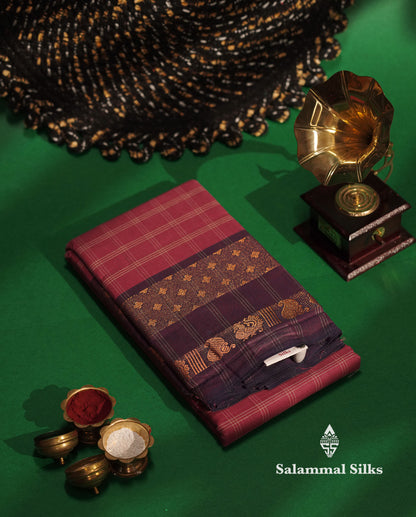 Beautiful Dual Tone Pink Thread Checks Pure Chetinad Cotton Saree With Violet Traditional Border