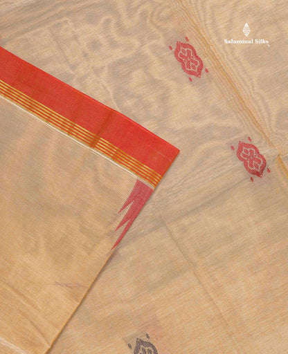 Pure Cotton Saree - Beige Colour Body Thread Work Butta With Traditional Temple Border