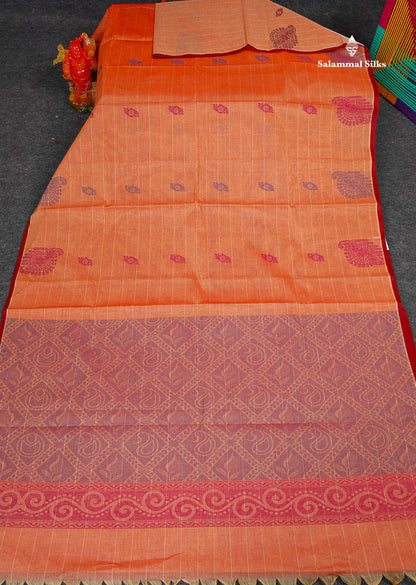 Pure Cotton Saree - Light Orange Colour Body Thread Work Butta With Blouse