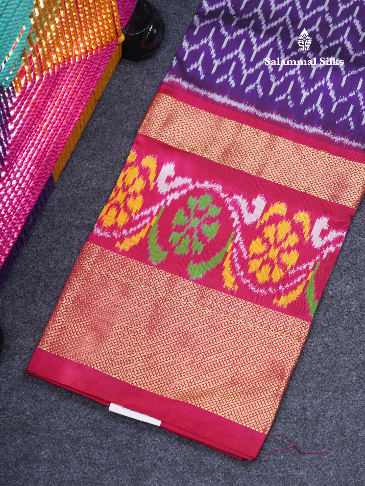 Pure Silk Pattu Pavadai Pochampalli Design (Violet) With Contrast Pink Blouse 46"