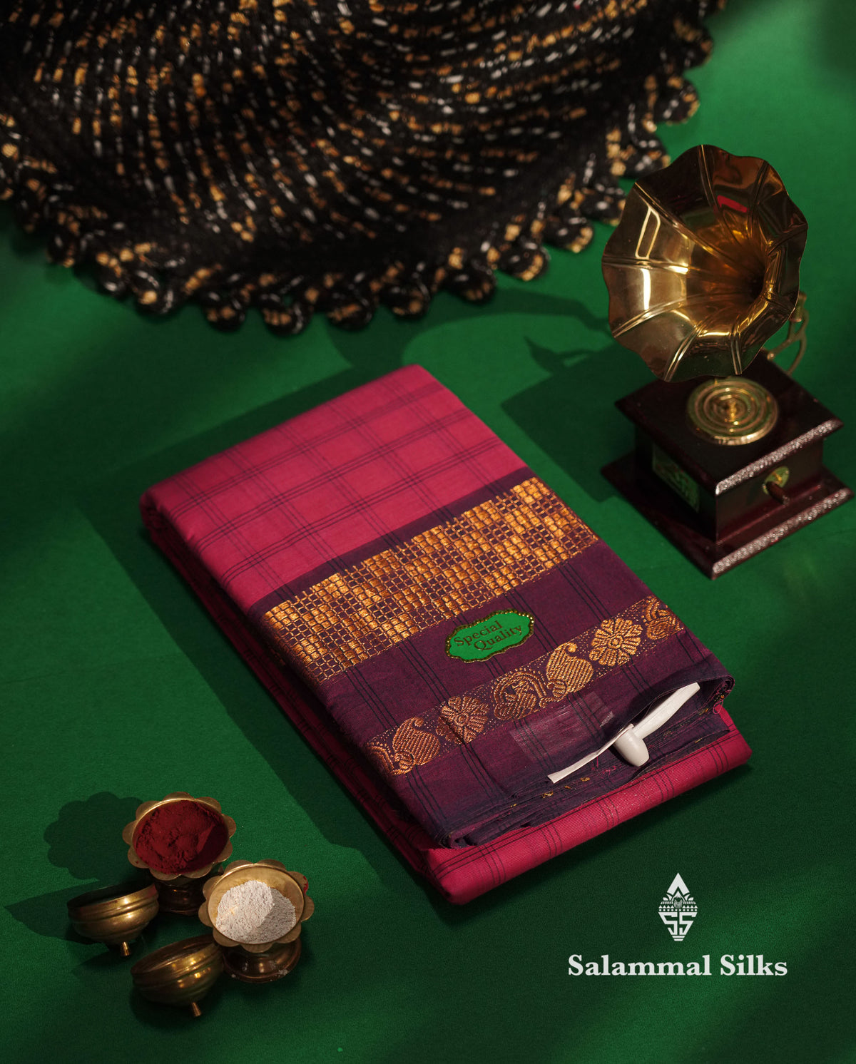 Beautiful Pink Thread Checks Pure Chetinad Cotton Saree With Violet Traditional Border