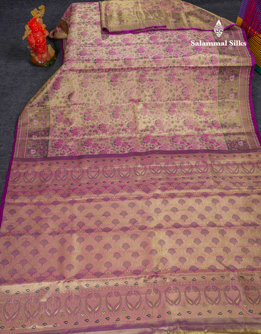 Beautiful Peach Tissue Menakari Work Bridal Pure Kanjivaram Silk Saree With Contrast Dark Purple Fancy Border