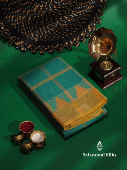 Beautiful Mustard Yellow Thread Checks  Pure Chettinad Cotton Saree With Navy Blue Traditional Temple Border