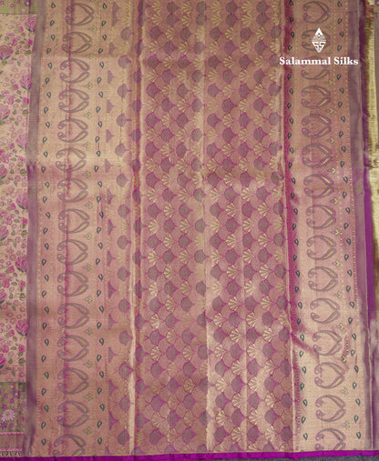 Beautiful Peach Tissue Menakari Work Bridal Pure Kanjivaram Silk Saree With Contrast Dark Purple Fancy Border