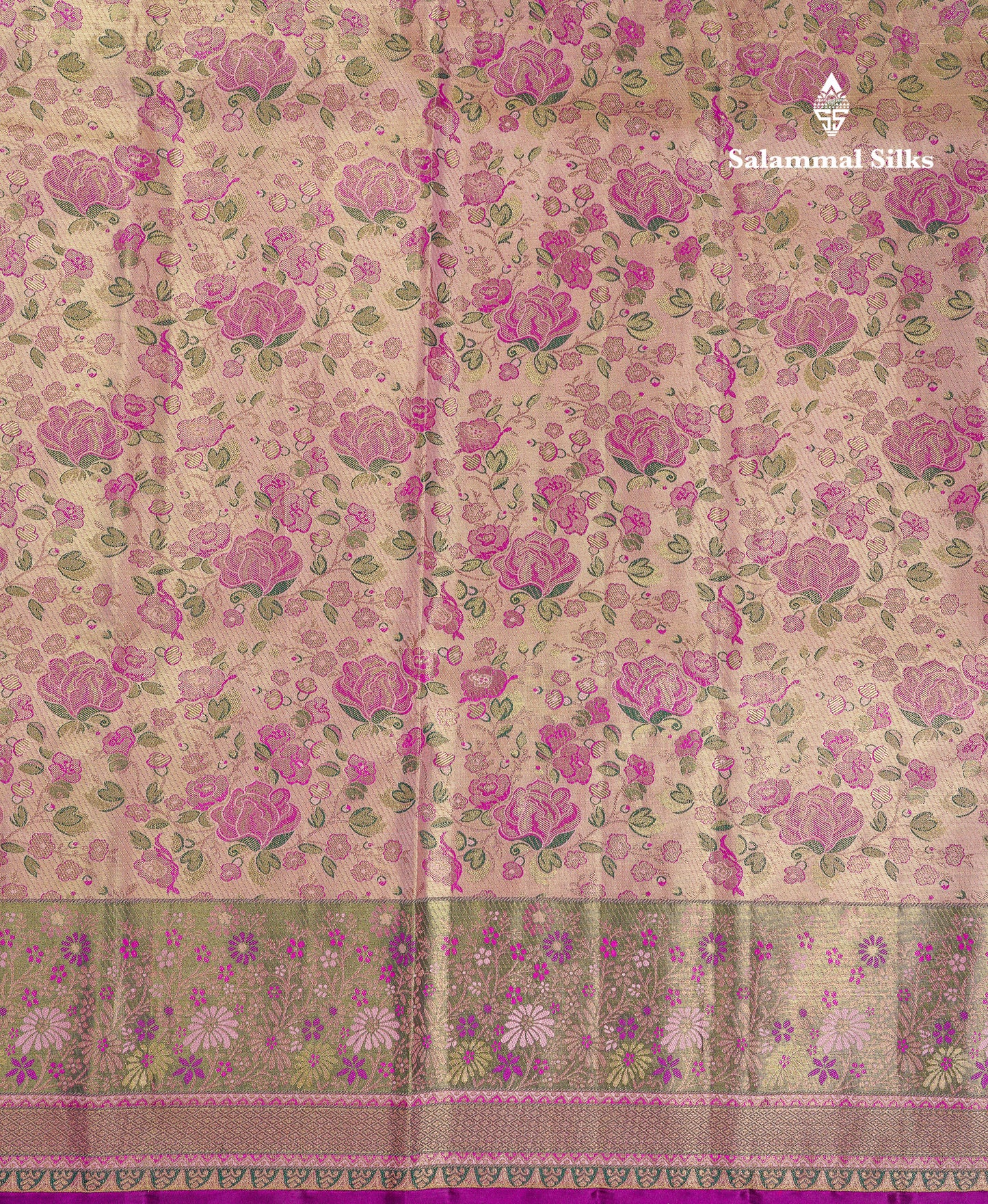 Beautiful Peach Tissue Menakari Work Bridal Pure Kanjivaram Silk Saree With Contrast Dark Purple Fancy Border