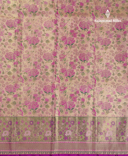 Beautiful Peach Tissue Menakari Work Bridal Pure Kanjivaram Silk Saree With Contrast Dark Purple Fancy Border