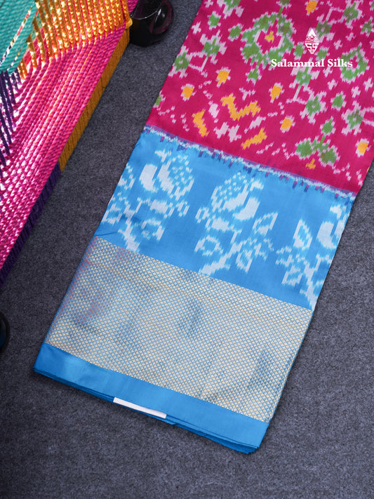 Pure Silk Pattu Pavadai Pochampalli Design (Pink) With Contrast Sky Blue Blouse 46"