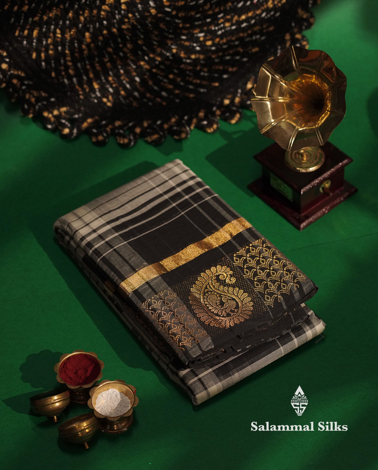 Beautiful Black And White Checks Pure Chettinad Pure Cotton Saree With Traditional Gold Zari Border