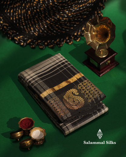 Beautiful Black And White Checks Pure Chettinad Pure Cotton Saree With Traditional Gold Zari Border