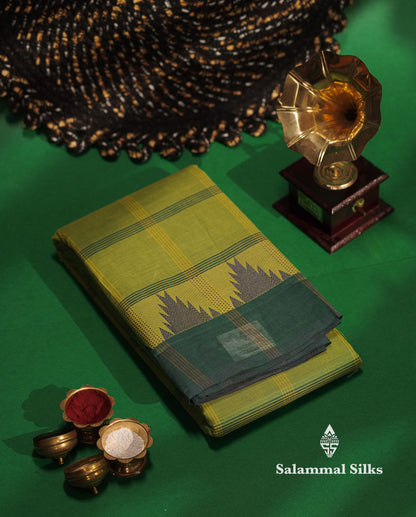 Beautiful Mustard Yellow Thread Checks  Pure Chettinad Cotton Saree With Navy Blue Traditional Temple Border