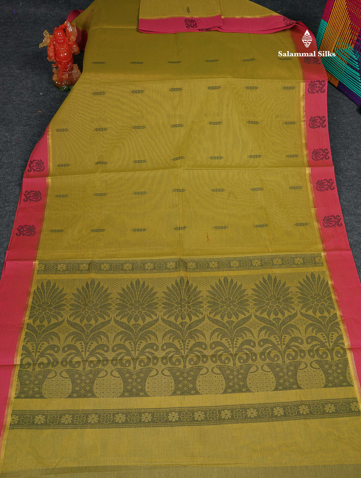 Pure Cotton Saree - Olive Green Colour Body Thread Work Butta With Blouse 